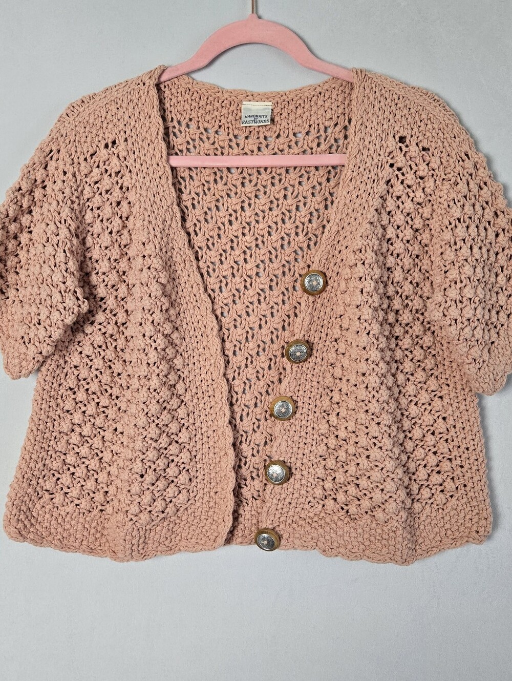 VTG Handknits By Eastwinds Peach Crochet Bobble Open Knit Cardigan Cozy Chunky